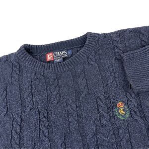 Vintage Chaps Ralph Lauren Cable Knit Sweater Mens Large Navy 90s USA Made Crest